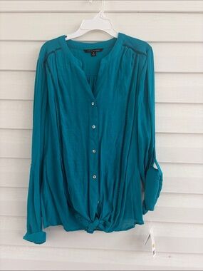 Zac & Rachel Teal Button Front Blouse NWT Size M | Roll Tab Sleeve Career Top